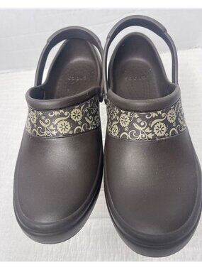 Crocs Mercy Work Brown Floral Pattern Slip-On Clogs Women SZ 10 Comfortable